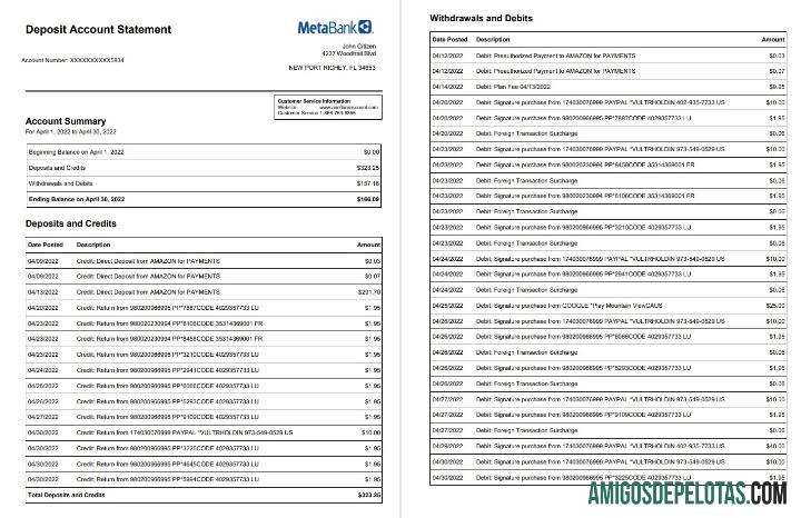 Modelo de extrato de conta de depósito Metabank dos EUA de 3 páginas
